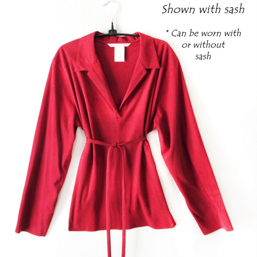Max Studio Berry Red Faux Suede Long Sleeve Top with Matching Sash - Size XL